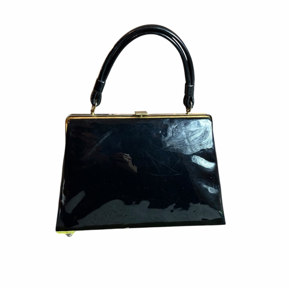 VINTAGE DOVER BLACK PATENT TOP HANDLE FRAME BAG 11” - Picture 4 of 8